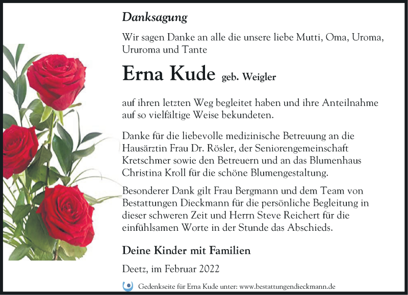  Traueranzeige für Erna Kude vom 27.02.2022 aus Märkische Oderzeitung