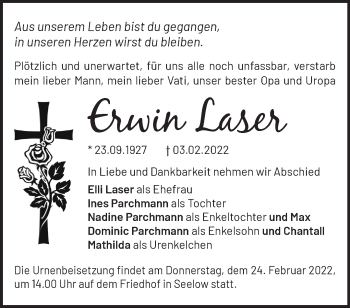 Traueranzeige von Erwin Laser von Märkische Oderzeitung