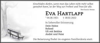 Traueranzeige von Eva Hartlapp von Märkische Oderzeitung