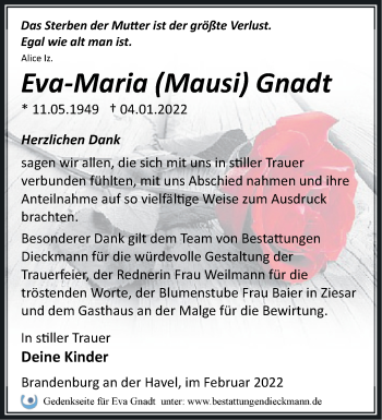 Traueranzeige von Eva-Maria Gnadt von Märkische Oderzeitung