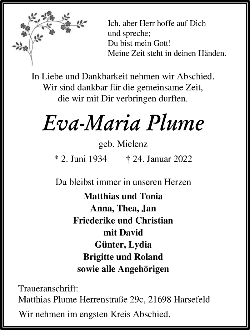  Traueranzeige für Eva-Maria Plume vom 06.02.2022 aus Märkische Oderzeitung