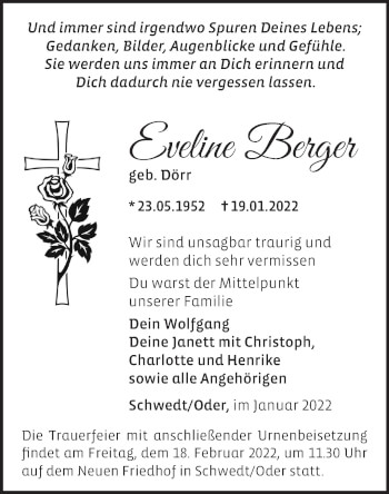 Traueranzeige von Eveline Berger von Märkische Oderzeitung