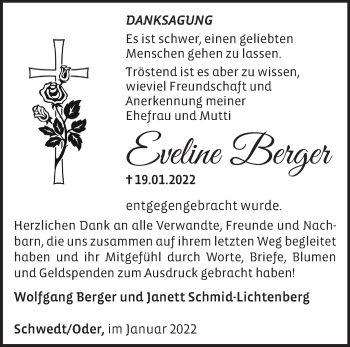 Traueranzeige von Eveline Berger von Märkische Oderzeitung