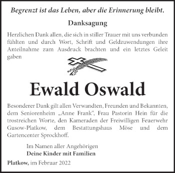 Traueranzeige von Ewald Oswald von Märkische Oderzeitung