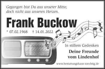 Traueranzeige von Frank Buckow von Märkische Oderzeitung