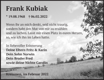 Traueranzeige von Frank Kubiak von Märkische Oderzeitung