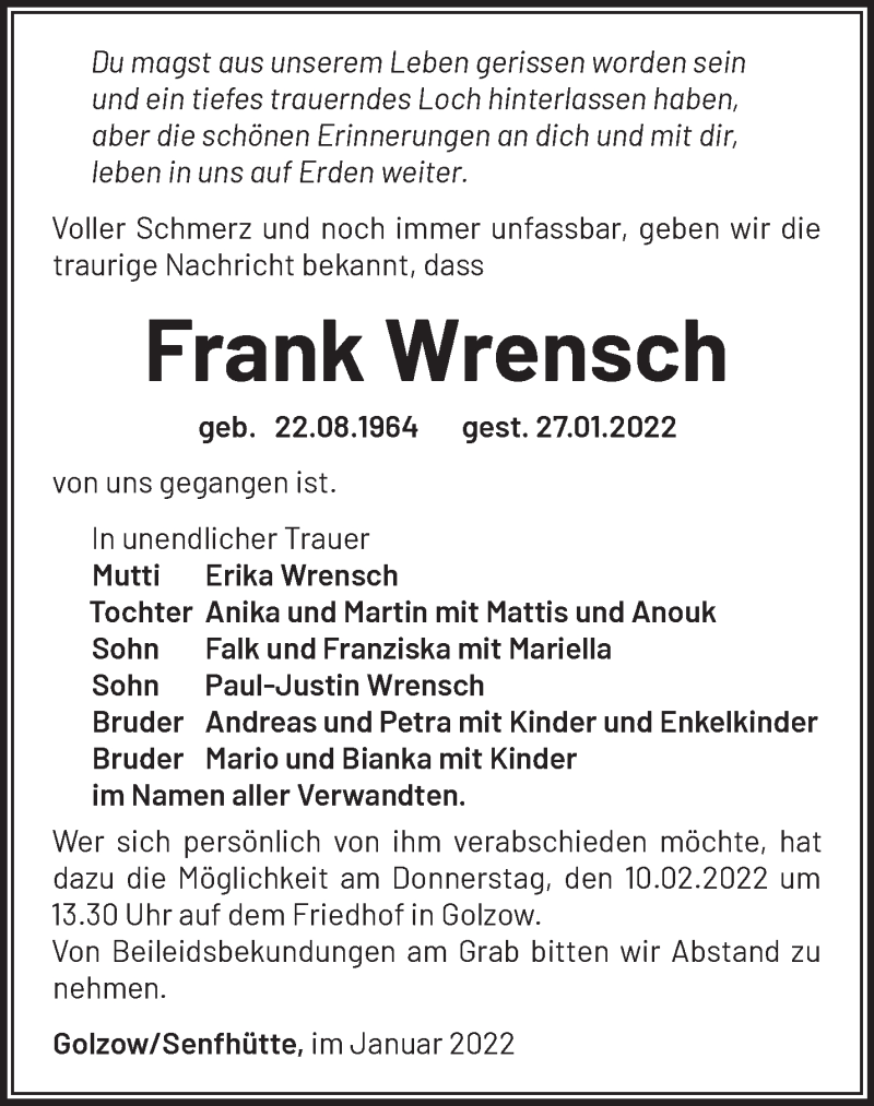  Traueranzeige für Frank Wrensch vom 04.02.2022 aus Märkische Oderzeitung