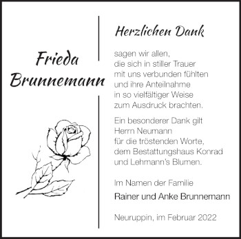 Traueranzeige von Frieda Brunnemann von Märkische Oderzeitung