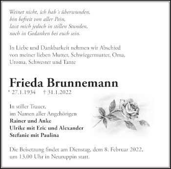 Traueranzeige von Frieda Brunnemann von Märkische Oderzeitung