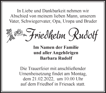 Traueranzeige von Friedhelm Rudolf von Märkische Oderzeitung