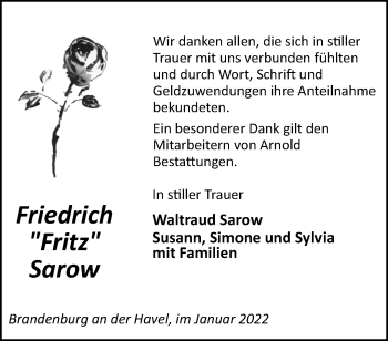 Traueranzeige von Friedrich  Sarow von Märkische Oderzeitung