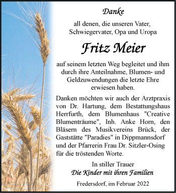 Traueranzeige von Fritz Meier von Märkische Oderzeitung