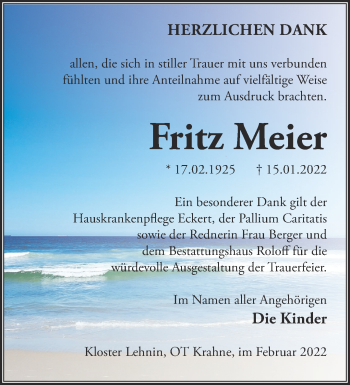 Traueranzeige von Fritz Meier von Märkische Oderzeitung