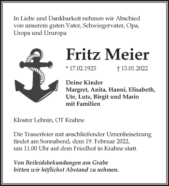 Traueranzeige von Fritz Meier von Märkische Oderzeitung