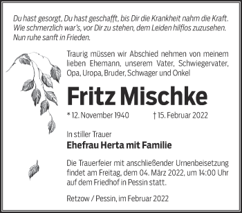 Traueranzeige von Fritz Mischke von Märkische Oderzeitung