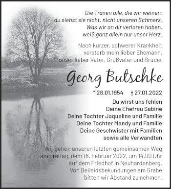 Traueranzeige von Georg Butschke von Märkische Oderzeitung