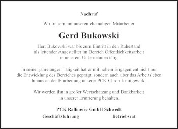 Traueranzeige von Gerd Bukowski von Märkische Oderzeitung