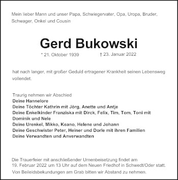 Traueranzeige von Gerd Bukowski von Märkische Oderzeitung