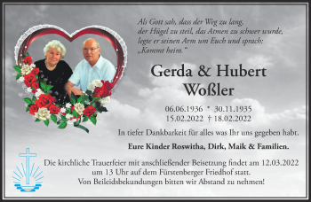 Traueranzeige von Gerda und Hubert Woßler von Märkische Oderzeitung