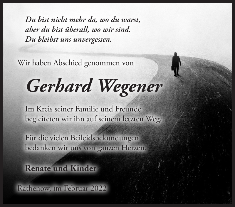  Traueranzeige für Gerhard Wegener vom 20.02.2022 aus Märkische Oderzeitung