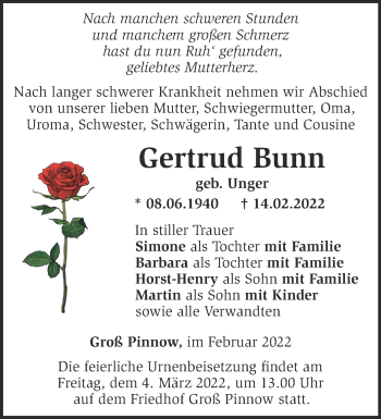 Traueranzeige von Gertrud Bunn von Märkische Oderzeitung