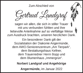 Traueranzeige von Gertrud Landgraf von Märkische Oderzeitung