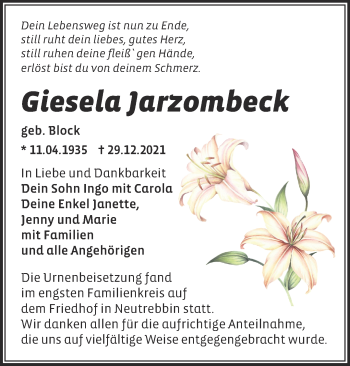 Traueranzeige von Giesela Jarzombeck von Märkische Oderzeitung