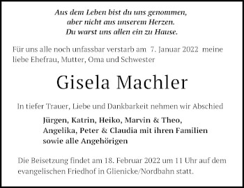 Traueranzeige von Gisela Machler von Märkische Oderzeitung