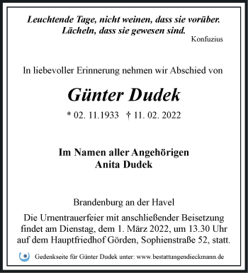 Traueranzeige von Günter Dudek von Märkische Oderzeitung