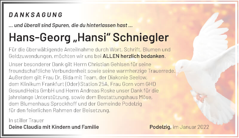  Traueranzeige für Hans-Georg Schniegler vom 05.02.2022 aus Märkische Oderzeitung