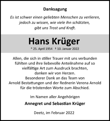 Traueranzeige von Hans Krüger von Märkische Oderzeitung