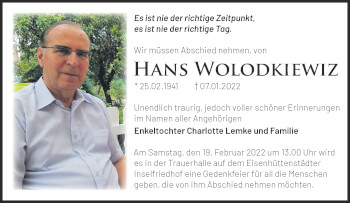 Traueranzeige von Hans Wolodkiewiz von Märkische Oderzeitung