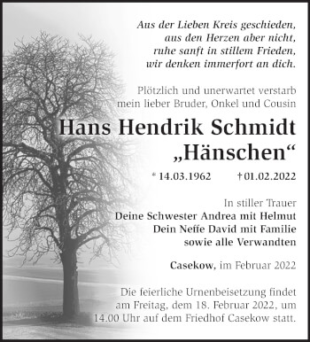 Traueranzeige von Hans Hendrik Schmidt von Märkische Oderzeitung