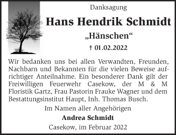 Traueranzeige von Hans Hendrik Schmidt von Märkische Oderzeitung