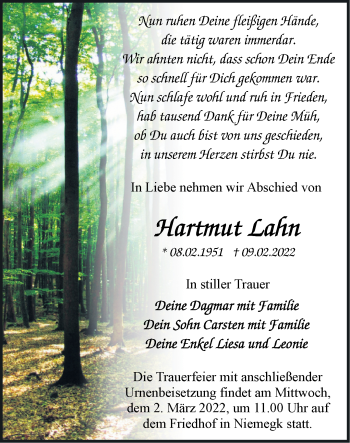 Traueranzeige von Hartmut Lahn von Märkische Oderzeitung