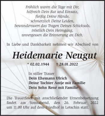 Traueranzeige von Heidemarie Neugut von Märkische Oderzeitung