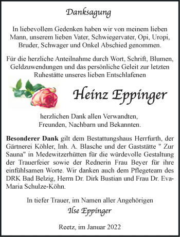 Traueranzeige von Heinz Eppinger von Märkische Oderzeitung