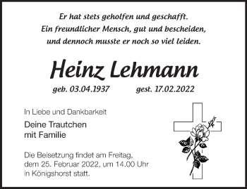 Traueranzeige von Heinz Lehmann von Märkische Oderzeitung