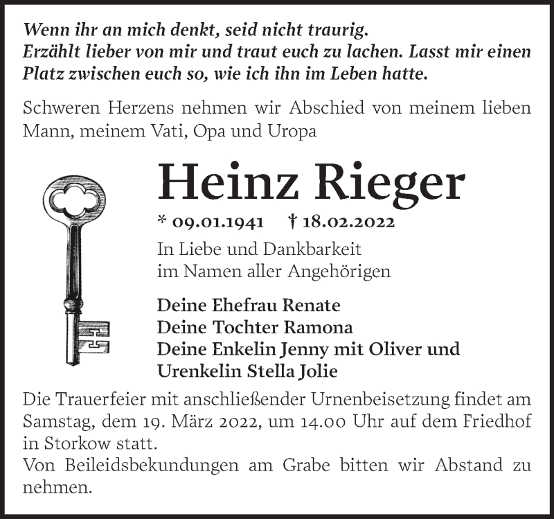  Traueranzeige für Heinz Rieger vom 26.02.2022 aus Märkische Oderzeitung