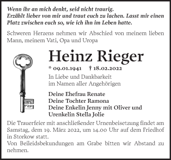 Traueranzeige von Heinz Rieger von Märkische Oderzeitung