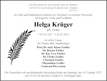 Traueranzeige von Helga Krüger von Märkische Oderzeitung