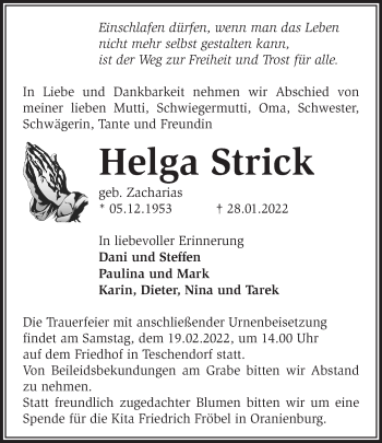 Traueranzeige von Helga Strick von Märkische Oderzeitung