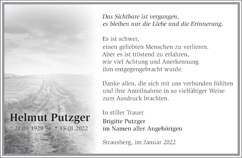  Traueranzeige für Helmut Putzger vom 05.02.2022 aus Märkische Oderzeitung