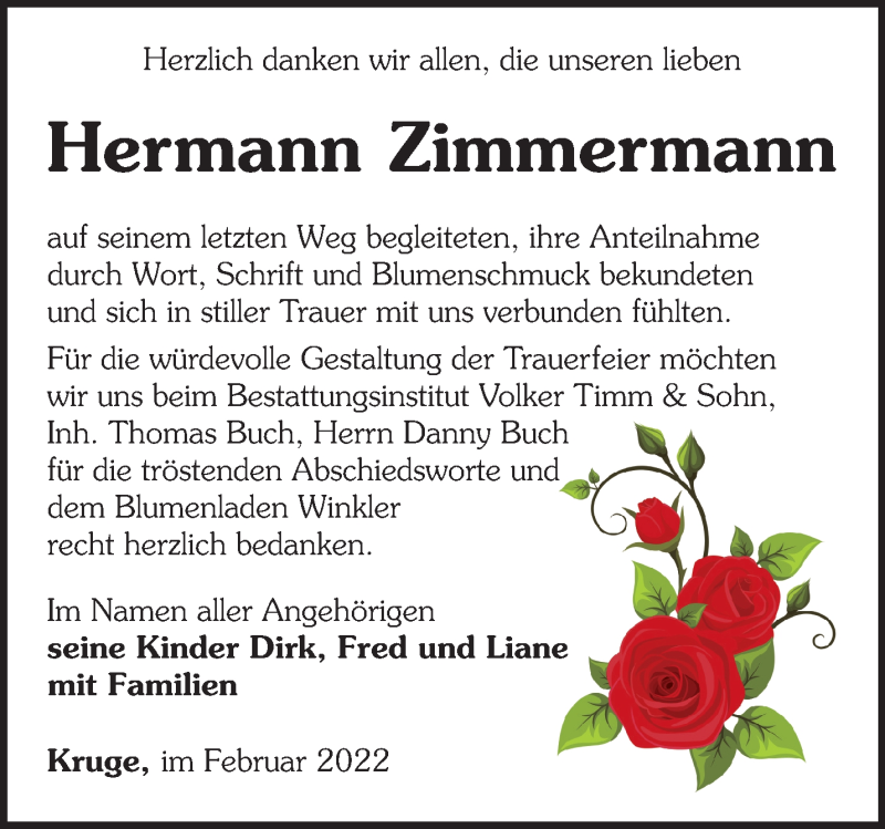  Traueranzeige für Hermann Zimmermann vom 25.02.2022 aus Märkische Oderzeitung
