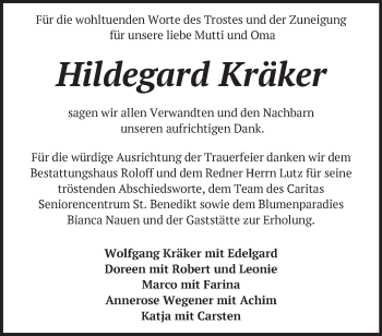 Traueranzeige von Hildegard Kräker von Märkische Oderzeitung