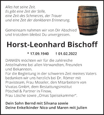 Traueranzeige von Horst-Leonhard Bischoff von Märkische Oderzeitung