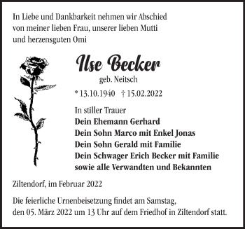 Traueranzeige von Ilse Becker von Märkische Oderzeitung