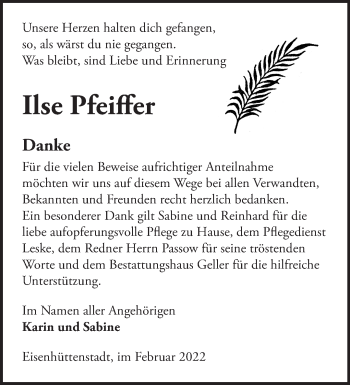 Traueranzeige von Ilse Pfeiffer von Märkische Oderzeitung