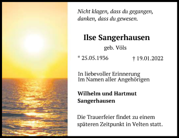 Traueranzeige von Ilse Sangerhausen von Märkische Oderzeitung