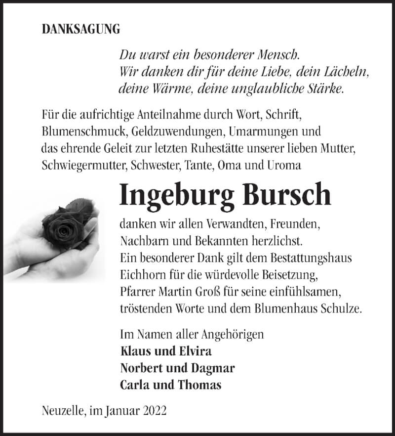  Traueranzeige für Ingeburg Bursch vom 05.02.2022 aus Märkische Oderzeitung